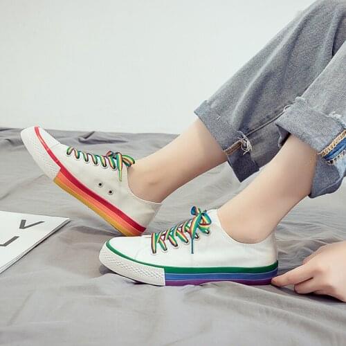 Canvas Shoes Women Lightweight Casual Fashion Flat Sneakers for Women Rainbow Lace Up Flat Heel Shoe Woman Walking Shoes Trend