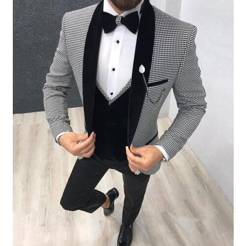 Houndstooth dogstooth Suits For Men 3 Pieces Shawl Lapel Slim Fit Patterned Tuxedos Groomsmen For Party (Blazer+Vest+Pants)