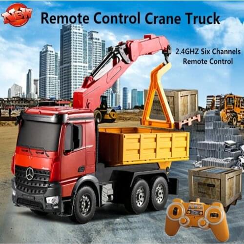 Remote Control Crane Truck 2.4G Wireless Control Move and Transport Dual Functions 180 Degree Rotation Arm RC Model Toy For Kids