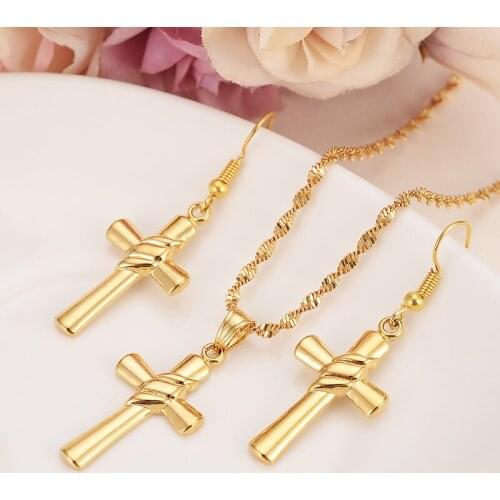 Gold jesus cross knot Pendant Necklace chain Earrings sets Jewelry Gold Christian jewelry sets for women girl Best Jesus Gifts