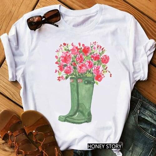 Flower Rain Boots Printed Womens White Causal T-Shirt Summer Fashion Hiker Camper Lover Tshirt Friends Birthday Gift Tops