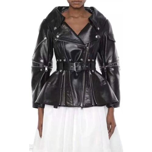 New fashion Zipper Beading Real Sheep leather jackets female locomotive Soft sheep Leather Jackets With Belt WY145 dropship