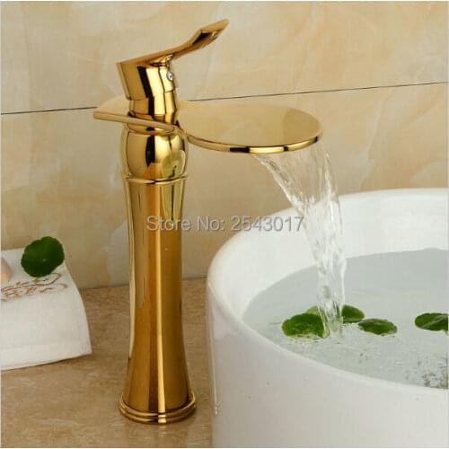 Newly Gold Color Waterfall Faucet Tall Bathroom Faucet Basin Mixer Tap Hot and Cold Sink faucet Deck Mount ZR461