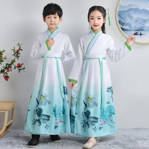 Chinese hanfu Ancient Traditional New Clothing Set for Kid Boy Girl Long Sleeve Folk Dance Ink Painting Print Performance Dress
