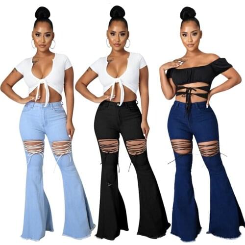 ZKYZWX Bandage Bodycon High Waisted Jeans Vintage Y2k Clothes Summer Outfit Denim Trousers Sexy Night Clubwear Bell Bottom Jeans