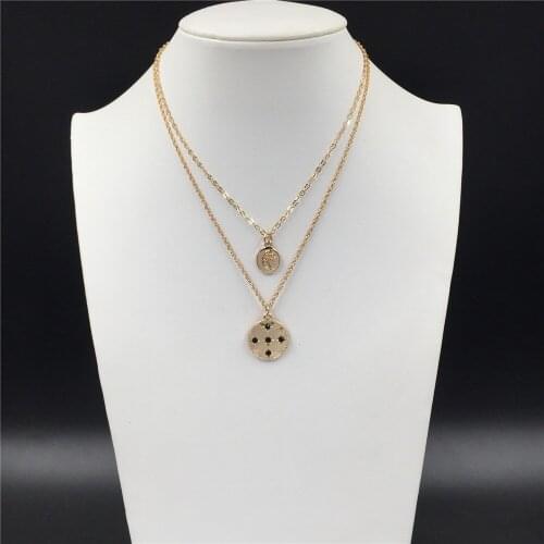 Casual Gold Color Plating Black Stone Decorated Round Disc Moon Engraved Pendant Layered Necklace For Women Girl Fashion Jewelry