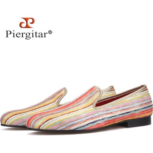 Piergitar fashion mixed colors striped fabric mens casual shoes men smoking slippers plus size for big feet men loafers