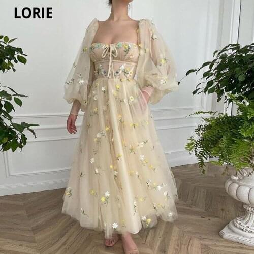 LORIE Square Neck Prom Dresses Long Puff Sleeves Embroidery Tulle Prom Gowns A-Line Ankle-Length Wedding Party Dresses