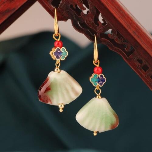 Scalloped ceramic exquisitely colored green vintage earrings ethnic green drop earring for women Jewelry