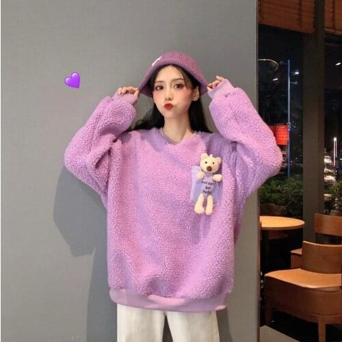 Korean Fashion Women Oversize Bear Plush Toy Pullover Sweatshirt Autumn Winter Clothes Women Casual Loose O-Neck Top Cute