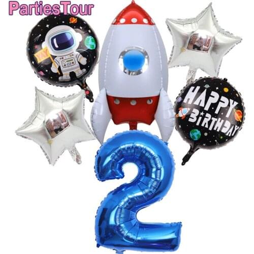6pcs Space 1-9th Birthday Decor 32'' Number Ballon Spaceship Rocket Ballon for Outer Space Solar System Universe Birthday Party