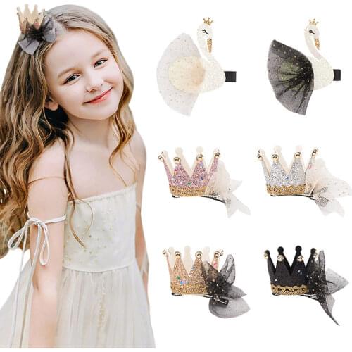 Princess Crown Hair Clips Retro Mesh Swan Girls Hair Accessories Birthday Party Barrettes Tutu Dress Hairpin KidsHeaddres