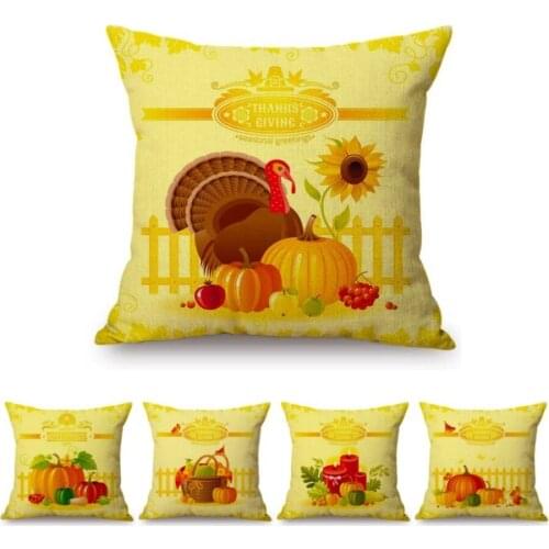 Yellow Autumn Thanksgiving Decorative Sofa Throw Pillow Case Pumpkin Turkey Cotton Linen Car Cushion Home Decor Cushion Cover
