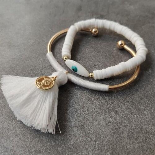 Boho Lucky Evil Eye Bracelets For Women White Color Handmade Rubber Rope Golden Bangle Jewelry Tassel Bracelet Female
