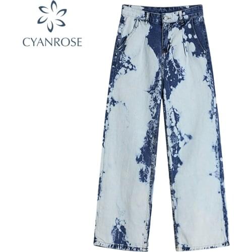 Tie Dye Print High Waist Baggy Jeans Woman 2021 Y2k 90s Streetwear Clothing Wide Leg Blue Vintage Harajuku Women Denim Pants
