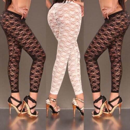 Women Leggings Sexy Floral Print Stylish Skinny Lace Hollow Out See-Through Elastic Bodycon Black White Hot Trousers