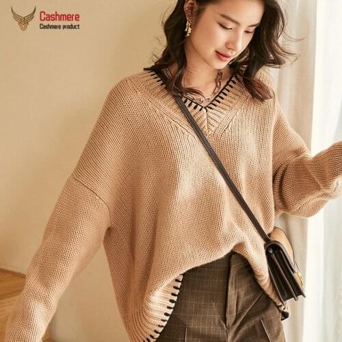 Cashmere Sweater Womens Autumn Winter Loose V-neck Long-sleeve Pullover White Knitted Sweater 100% Cashmere Sweater Thickening