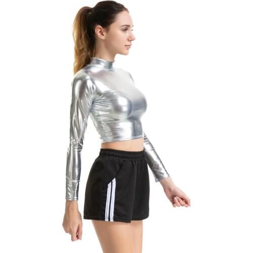 Metallic Costumes Womens Shiny Bodysuit Festival Crop Top Club Party Rave Long Sleeve Turtle Neck Sexy Danceing T-shirt Wetlook