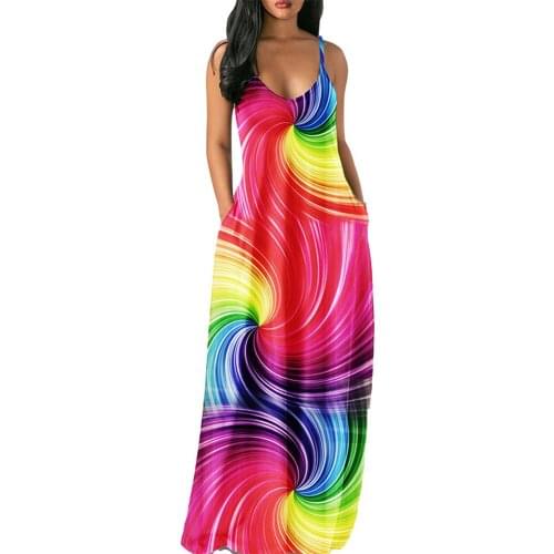 Sexy Spaghetti Strap Striped Maxi Dress Woman 2021 Summer Casual Loose Gradient Boho Ladies Long Dresses For Women Robe Femme