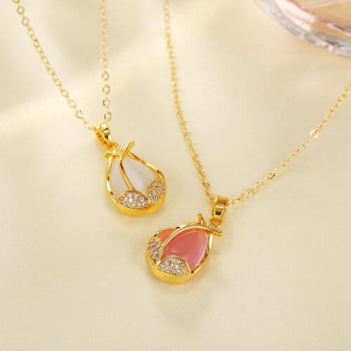 Fashion Exquisite Opal Zircon Tulip Flower Pendant Necklace girls statement Gold Color Chain Necklace Women Jewelry