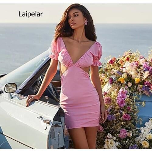 2021 New Sexy Pink Hollow Out Open Back French Style V-Neck Skirt Solid High Waist Women Party Club Dress