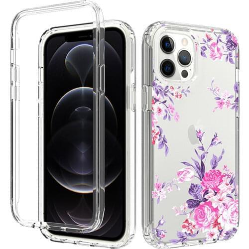 100Pcs/Lot 360 Full Body Clear Flower Phone Case For iPhone 13 12 Mini 11 Pro XS Max XR X PC + TPU Bumper Flexible Cover