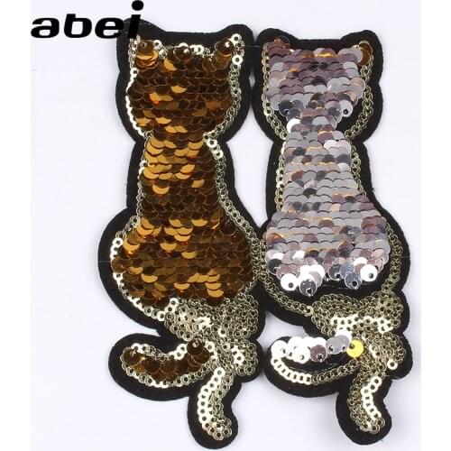 5pcs/lot DIY Sequined Cat Patches Two Way Reversible Animal Appliques Sewing Clothes Patch Iron On Backpack Jeans Badge