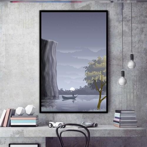 Watercolor Lake Boat Cliff Oil Canvas Painting Posters And Prints Wall Art Pictures For Living Room Bedroom Home Decor Unframed