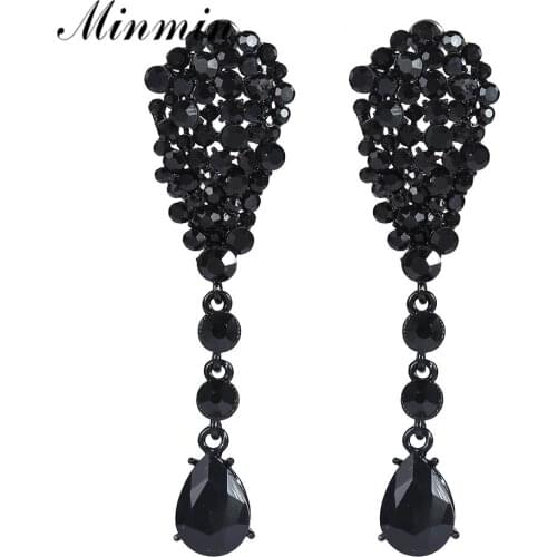 Minmin Shining Small Black Full Rhinestone Long Drop Earrings Women Jewelry Vintage Teardrop Dangle Prom Hanging Earrings EH1711