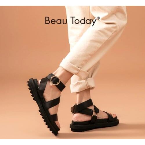 BeauToday Sandals Women Sheepskin Genuine Leather Ankle Strap Metal Ring Buckle Lady Summer Platform Shoes Handmade 38123
