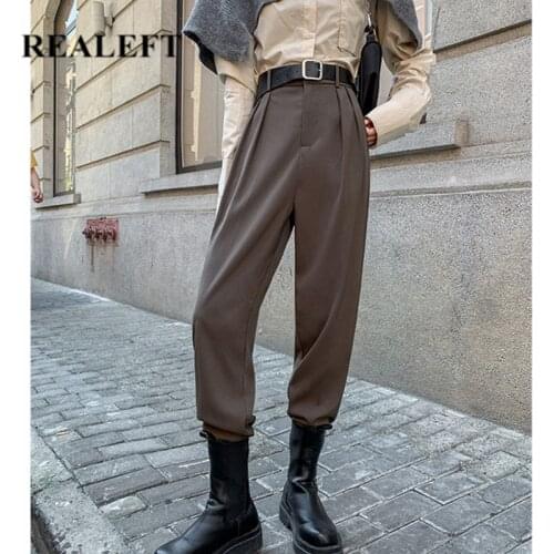 REALEFT 2021 New Autumn OL Style Womens Harem Pants with Belted High Waist Formal Elegant Office Lady Ankle-Length Pants Female