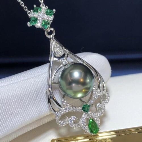 D317 Fine Jewelry 925 Sterling Silver Natural Ocean Tahiti Pearl 12-11mm Pendants Necklaces for Women FIne Pearls Pendants