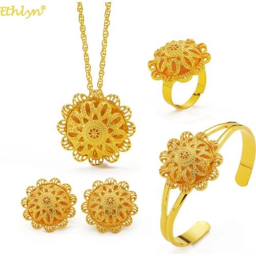 Ethlyn 4Pcs Dubai Flower Jewelry Sets Gold Necklace for Women Ethiopian Wedding Party African Bridal Gifts MY157