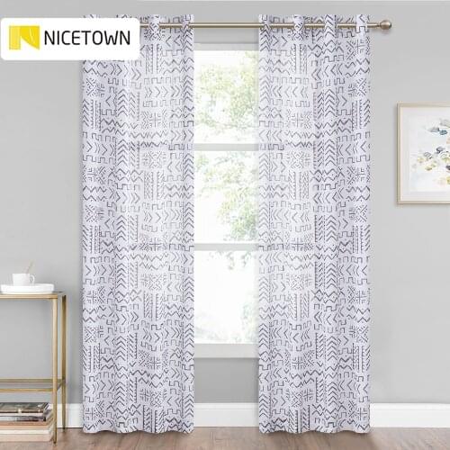 NICETOWN European Abstract Geometric Design Home Decoration Modern Curtain Tulle Linen Semi Sheer Panel Window Treatment White