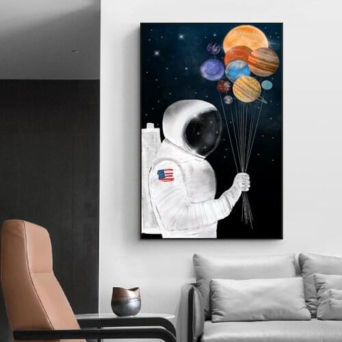 Balloon Wall Art Canvas Painting Astronaut Planet Space Prints Posters Nordic Cartoon Animal Wall Pictures for Kids Living Room