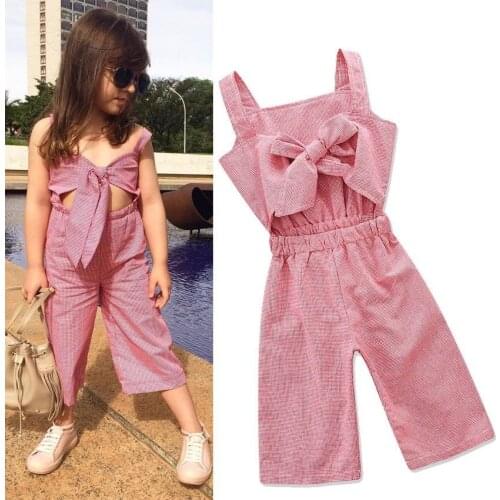 Newborn Toddler Kid Baby Girl Clothes Bowknot Romper Plaid Bodysuit Strap Jumpsuit Wide Leg Pants Trousers Outfits