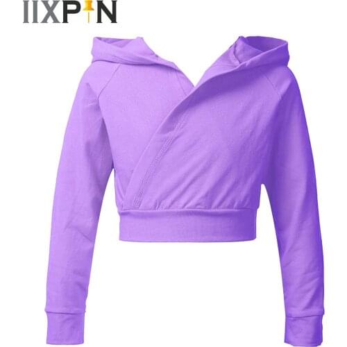 Girls Dance Crop Tops Ballet Wrap Shrug Sweater Long Sleeve Crisscross Front Hoodie Style Solid Latin Dance Outwear Top