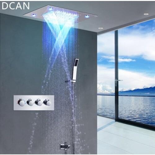 DCAN LED Ceiling Shower Head Rain Waterfall Shower Massage Jets Wall Mounted Panel Tap Sets Thermostatic Mixer
