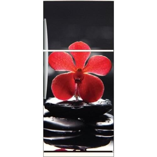 Fridge Sticker Red Flower On Stones Refrigerator Dishwasher Door Cover Wall Decor Wallpaper Stickers Kitchen House Decoration
