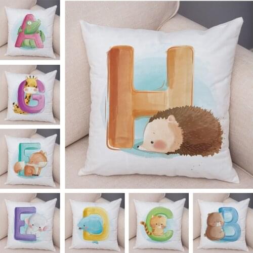 Cute Cartoon Animal Cushion Cover for Children Room Water Color English Letter Print Pillow Case Short Plush Pillowcase 45x45cm