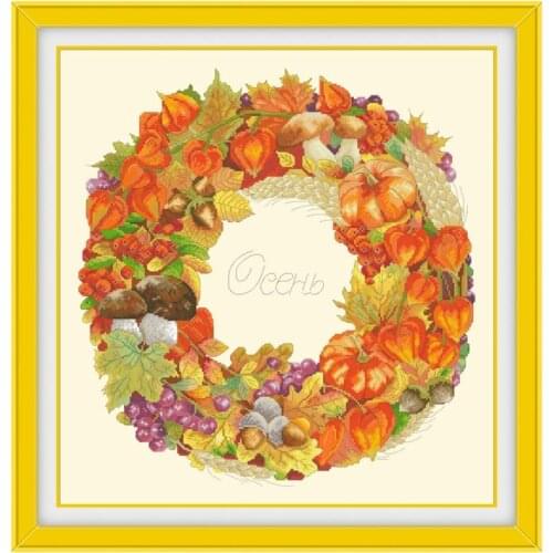 Autumn wreath cross stitch kits flower aida fabric 18ct 14ct 11ct light yellow cotton thread embroidery kits DIY craft set