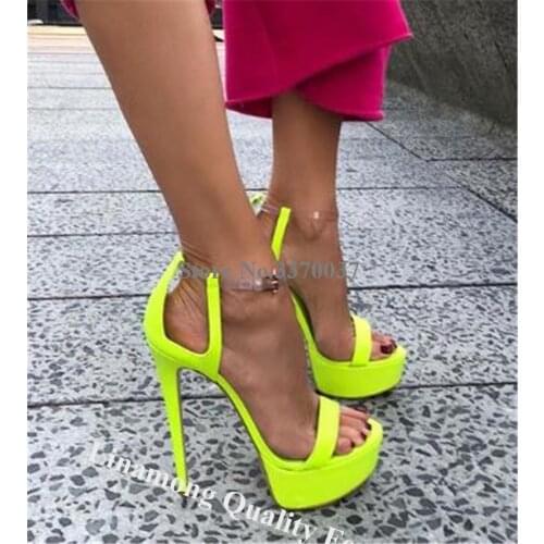 Linamong Summer Open Toe High Platform Stiletto Heel Gladiator Sandals Neon Yellow Leather Patchwork PVC High Heel Sandals