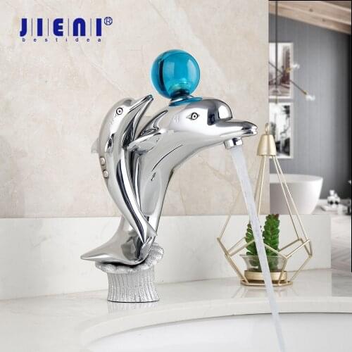 JIENI Bathroom Basin Faucet Chrome Brass Sea Style Dolphins Handle Gem Basin Faucet Hot & Cold Wash Basin Sink Mixer Tap Faucet