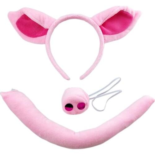 Super Soft Pig Ear Headband Nose Tail Halloween Animal Headdress Dress Up Accessories Pink Piggy Head Hoop Set Cosplay Props