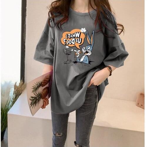 2021 Loose Bottoming Shirt Summer Student Casual T-shirt Cartoon Print Mid-Length Short-Sleeved Fashion All-Match Top