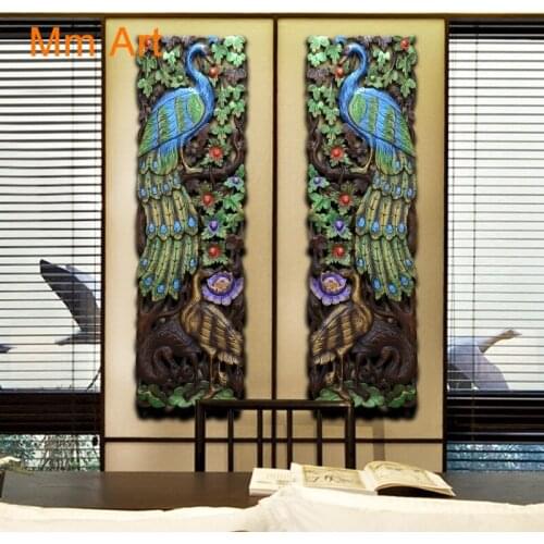 Thailand Handmade Teak Carved Board Crane Peacock Wood Carving Board Screen