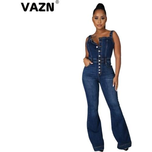 VAZN 2021 Hot Plus Size Denim Wide Leg Jumpsuits Spaghetti Strap Sleeveless Solid Sexy Joker Sweet Women High Waist Jumpsuits