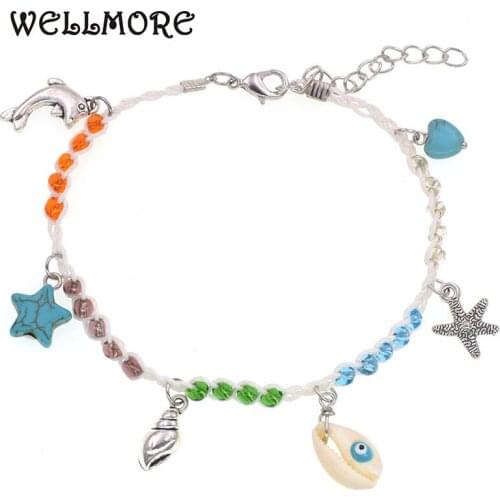 WELLMORE NEW handmade string beads anklets for women shell stone anklets bracelets Beach Party Foot Female Jewelry wholesale