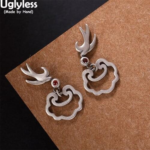 Uglyless Bring GOOD LUCK Swallows Earrings for Women Creative 925 Silver Birds Studs Earrings Hollow Lucky Clouds Jewelry Retro