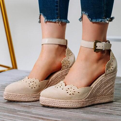 MCCKLE Women Wedges Sandals Shoes Hollow Closed Toe Platform Straw Sandals Female Thick Bottom Buckle Strap Summer Shoes Ladies